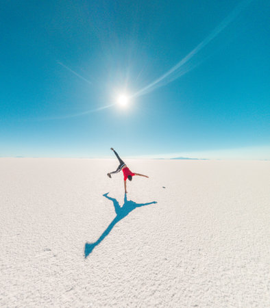 Back of a boy doing cart wheels at Uyuni salt flats in Bolivia. Sunflare