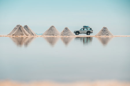 Salar de Uyuni (Uyuni salt flats) flags of the world with 4x4 Jeep - reflection and mounds of salt