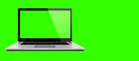 Mockup image of 3D rendering White laptop or notebook pc with blank green  screen on green background. suitable for your design element.の写真素材