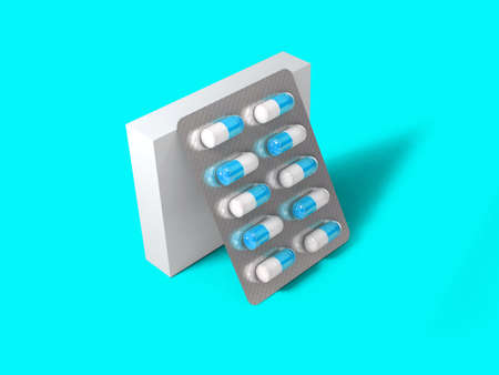 3 rendering Blank White Package Box for Blister of Pills Isolated on colored Background. suitable for your design element.の写真素材