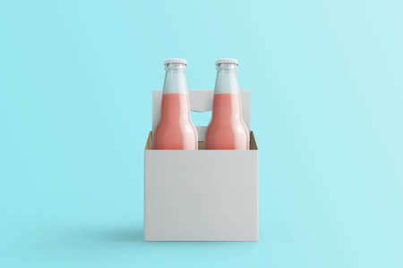 Two assorted soda bottles, non-alcoholic drinks with white paper box isolated on toscha background.3d rendering. fit for your design project.の写真素材