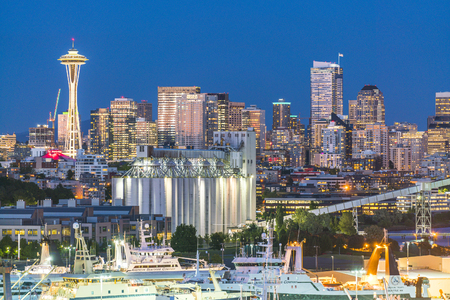 seattle city scape with dock  and silo at night ,Washington,usa.  for editorial use only 05/11/16.のeditorial素材