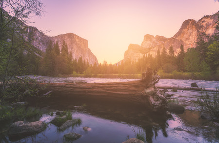 scenic view of El Capital and Cathedral cliff with river foreground,shoot in the morning in spring season,Yosemite National park,California,usa.の写真素材