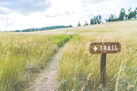 trail sign on the grass field.の写真素材