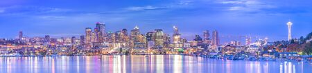 scenic view of Seattle cityscape in the night time with reflection of the water,Seattle,Washington,USA..の写真素材
