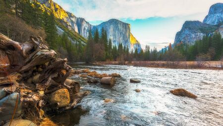 scenic view of El Capital and Cathedral cliff with river foreground,shoot in the morning in spring season,Yosemite National park,California,usa.の写真素材