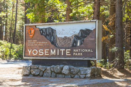 Yosemite National park sign in the entrance,California,usa.の写真素材