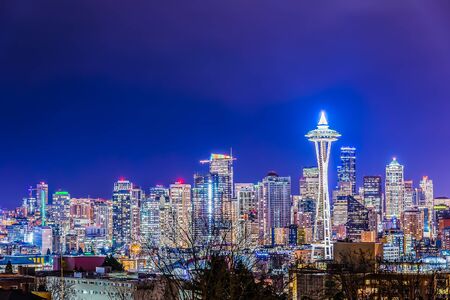 scenic view Seattle cityscape in the night time,Washington,USA.の写真素材