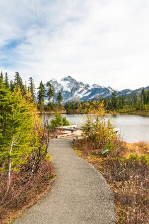 scenic view of mt Shuksan over with reflaction on the lake and on sunset,Whatcom County, Washington, usa.の写真素材