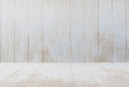 empty white wooden deck table top Ready for product display montage with white wood background..の写真素材