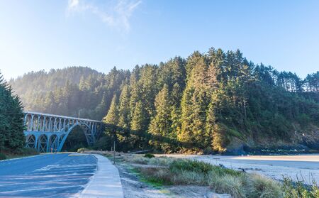 scenic view of the steel bridge in the morning  around the coast.の写真素材