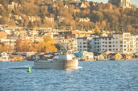 scene of a boat on the lake on sunny day with urban background,Seattle,Washington,USA..の写真素材