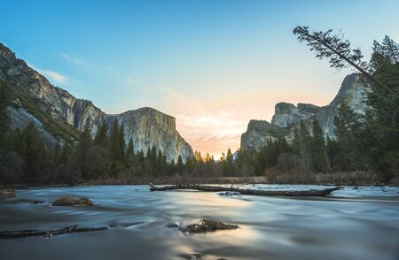 scenic view of El Capital and Cathedral cliff with river foreground,shoot in the morning in spring season,Yosemite National park,California,usa.の写真素材