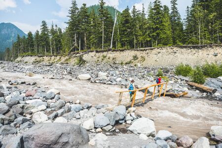 wooden brige across Nisqually River in mt Rainier National park,Washington,usa.の写真素材