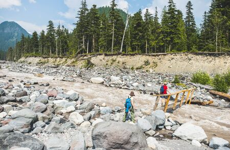 wooden brige across Nisqually River in mt Rainier National park,Washington,usa.の写真素材