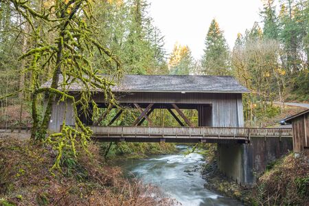 bridge house shape,scene of the Cedar creek grist mill in the morning,Washington,usa.の写真素材