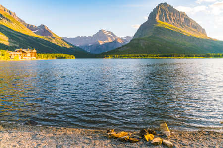 beautiful landscape at Swiftcurrent Lake  when sunrise in Many Glacier area ,Montana's Glacier National Park,Montana,usa.の写真素材