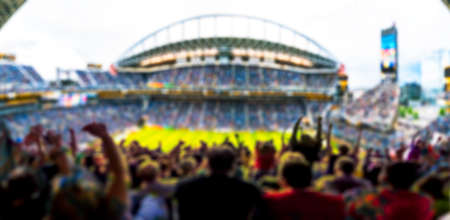 fans in full stadium celebrate there goal in open air roof stadium in summer.  -blurred technique.の写真素材