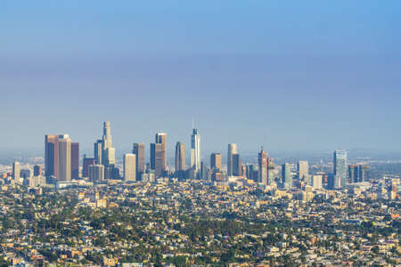 los angeles,california,usa,05-17-17: los angeles skyline at sunsetの写真素材