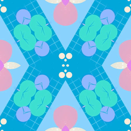 Blue geometric pattern with green and pink shapes.
