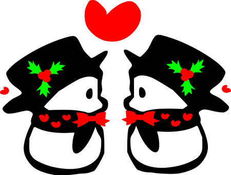 Cute penguin snowman wearing black hats and 2 cute litle penguin snowman in love red hearts holu berries leaves  romantic love season holidays concpet のイラスト素材