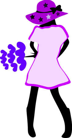 A girl wearing deep purple colorful fashion hat and purple color dress holding deep purel blue flowersのイラスト素材