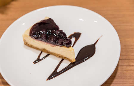 Blue berry cheese cake on the white plate with chocolate sauce