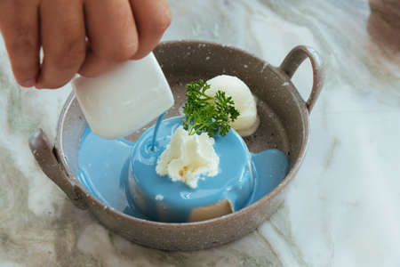 Dessert is white pudding with vanilla ice cream.の写真素材