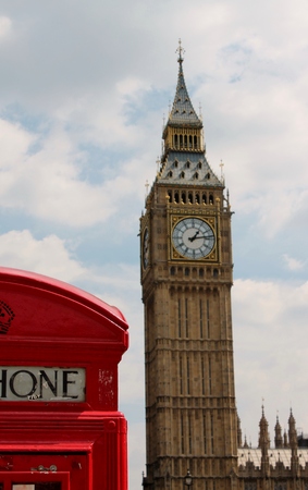 Big Ben with red telephone call booth phonebox のeditorial素材