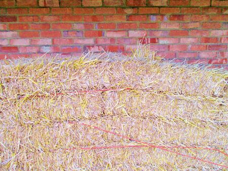 red Brick wall with hay straw bales and copyspaceの写真素材