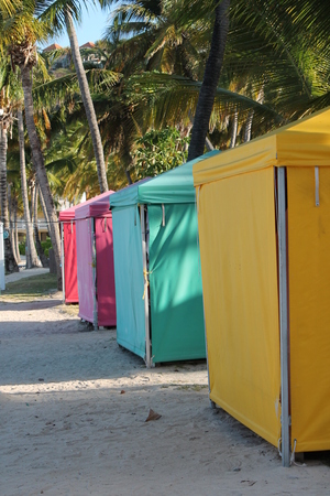 Bright beach tents and palm treesの写真素材