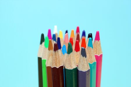 pencil crayons coloured with blue background copy space ready for back to school  stock, photo, photograph, picture, imageの写真素材