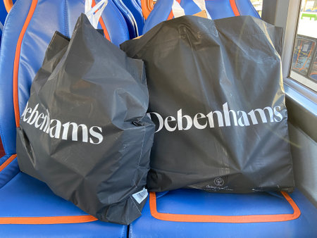 Hastings, East Sussex, UK - 12.04.2020: Debenhams department store shopping bags , Debenhams is part of the collapsed Arcadia fashion group. Owned by the Green family and managed by Sir Philip Greenのeditorial素材
