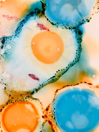 Macro shot of abstract fluid art painting background. Alcohol ink texture.の写真素材