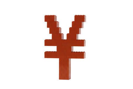 A red Chinese Yuan symbol constructed from toy bricks and shot against a white background at an angle to show it's 3D nature.の写真素材