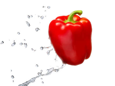 Water splash and vegetables isolated on white backgroud with clipping path. Fresh bell pepperの写真素材
