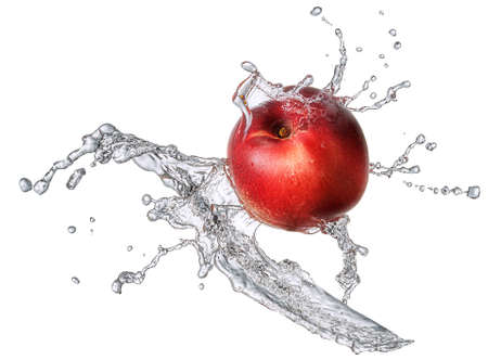 Water splash and fruits isolated on white backgroud with clipping path. Fresh nectarineの写真素材