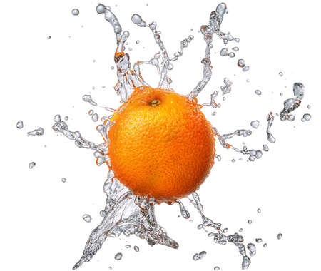 Water splash and fruits isolated on white backgroud with clipping path. Fresh orangeの写真素材