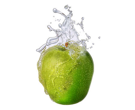 Water splash and fruits isolated on white backgroud with clipping path. Fresh appleの写真素材