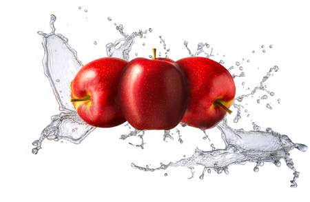 Water splash and fruits isolated on white backgroud. Fresh appleの写真素材