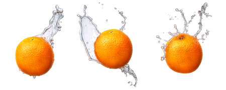 Water splash and fruits isolated on white backgroud. Fresh orangeの写真素材