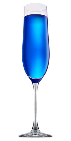 fresh fruit alcohol cocktail or mocktail in champagne glass with blue beverage isolated on white backgroundの写真素材