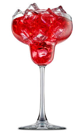 fresh fruit alcohol cocktail or mocktail in margarita glass with red beverage and ice cubes isolated on white backgroundの写真素材