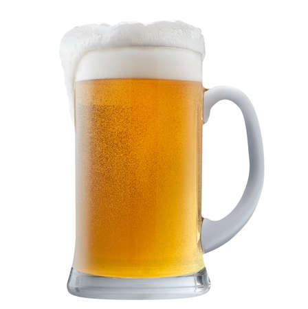 Mug of frosty light beer with foam isolated on a white backgroundの写真素材