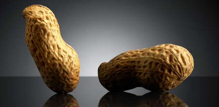 Group of peanut on black background with reflection. Close-up or macro. Health concept