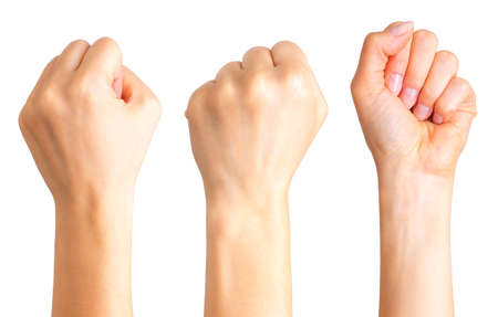 Set of woman clenched fist. Concept of unity, fight and cooperation.
