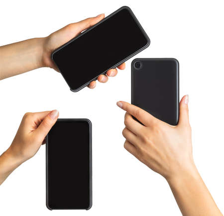 Set of womens hands showing black smartphone, concept of mobile shopping. Isolated with clipping...