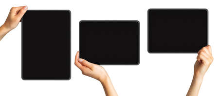 Set of mockups of black tablets in womens hands, concept of mobile shopping. Isolated with clipping...