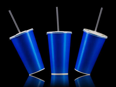 Set of blue cups with cap and tube isolated on black background. Concept of refreshments in cinema or watching moviesの写真素材