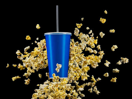 Blue cup with cap and flying popcorn isolated on blackの写真素材